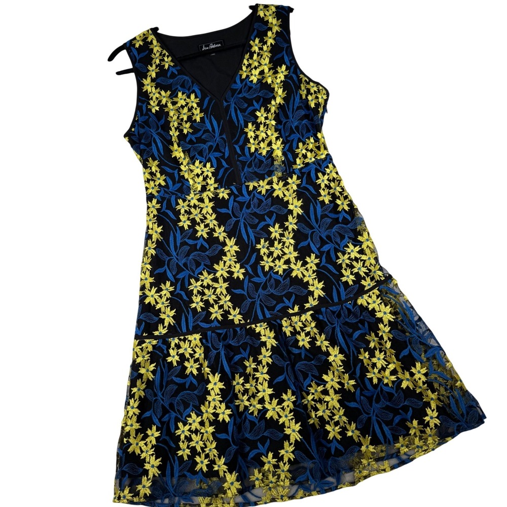 Sam Edelman Dress Womens 8 Black Yellow Blue Floral Embroidered Mesh Tiered